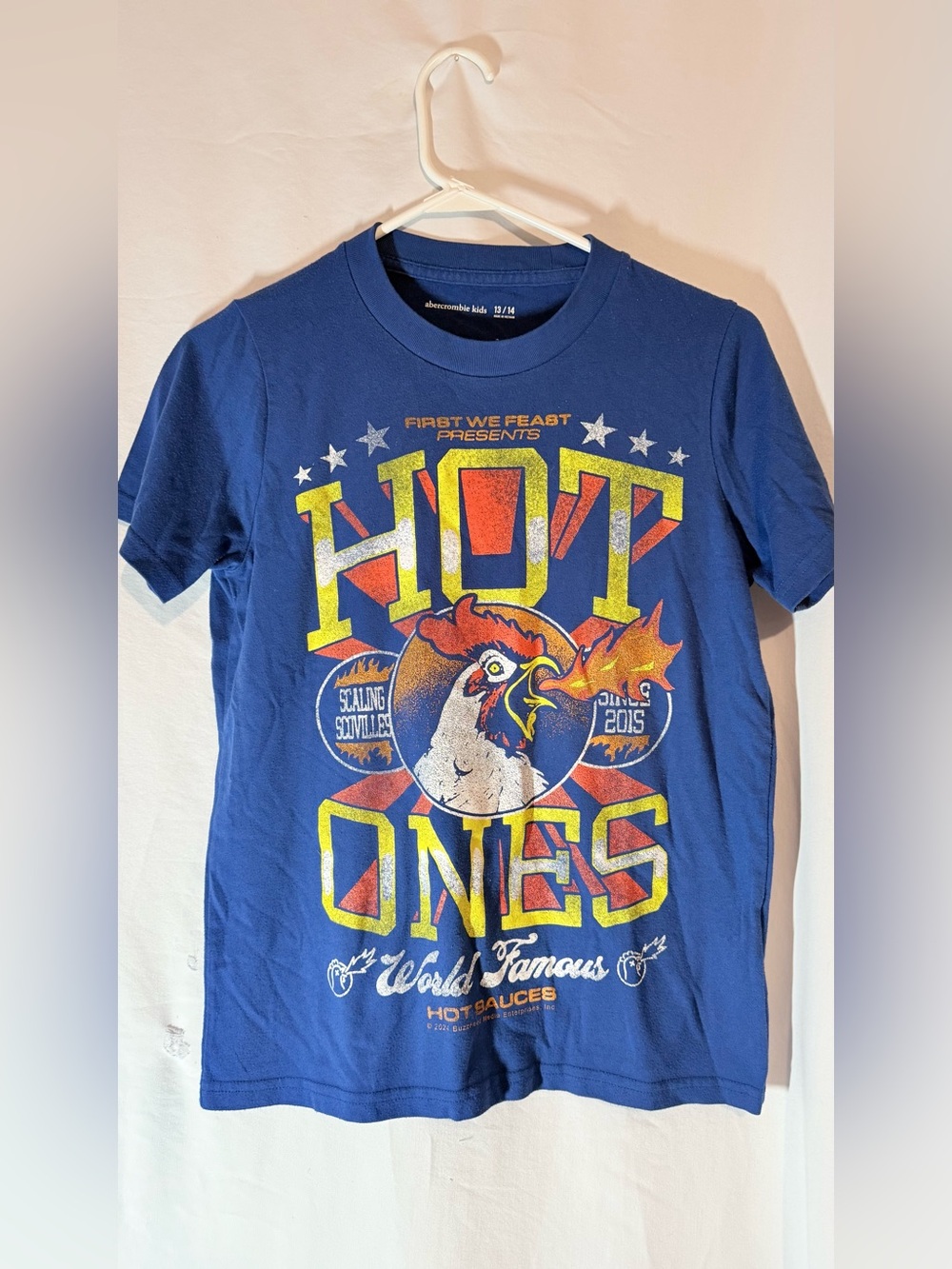 Abercrombie Kids Hot Ones First We Feast Graphic T Shirt Boys 13/14 Blue